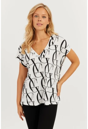 Kadın Beyaz-Siyah V Yaka Desenli Bluz AYD293