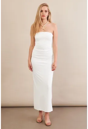 Kadın Beyaz Straplez Büzgülü Midi Elbise MX2005