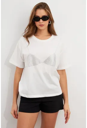 Kadın Beyaz Straslı Oversize T-Shirt TPG13