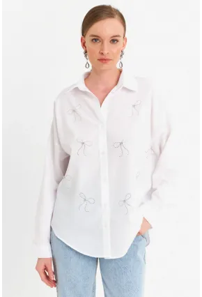 Kadın Beyaz Taşlı Gömlek MZER426