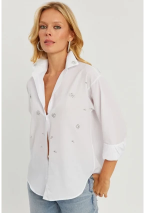 Kadın Beyaz Taşlı Gömlek SF2550