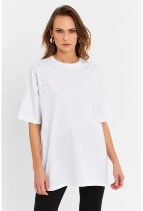 Kadın Beyaz Taşlı Salaş T-Shirt MTF0002