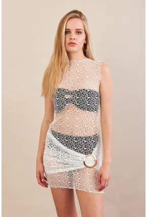 Kadın Beyaz Tokalı Mini Dantel Plaj Elbisesi