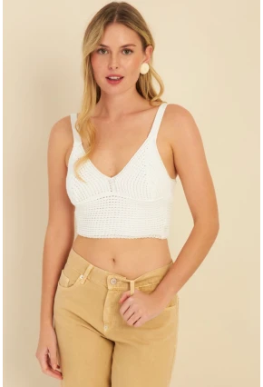 Kadın Beyaz Triko Crop Bluz KZ2507