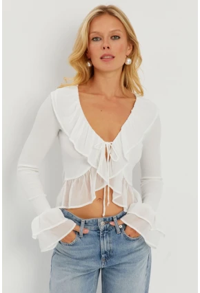 Kadın Beyaz Tül Detaylı Fırfırlı Hırka AYD313