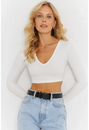 Kadın Beyaz V Yaka Crop Bluz CG368