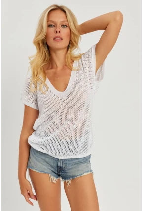 Kadın Beyaz V Yaka Fileli Bluz SMT230