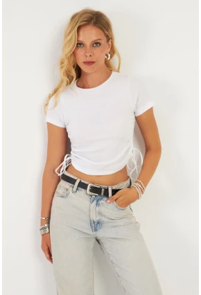 Kadın Beyaz Yanları Büzgülü Kaşkorse Bluz AYD355