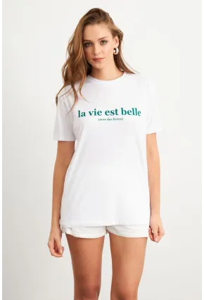 Kadın Beyaz-Yeşil Baskılı Pijama T-Shirt AYD411