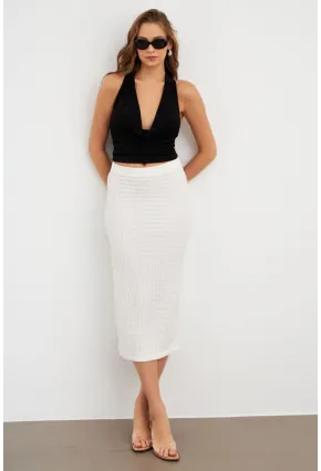 Kadın Beyaz Yırtmaçlı Bürümcük Midi Etek ZH329