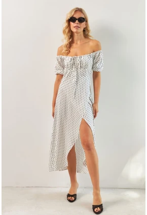 Kadın Beyaz Yırtmaçlı Desenli Midi Elbise KED0243