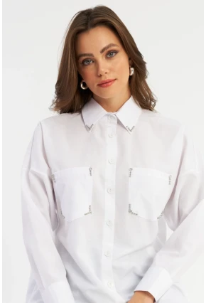 Kadın Beyaz Zımbalı Gömlek MASF2