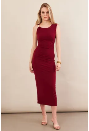 Kadın Bordo Aksesuarlı Büzgülü Midi Elbise İRE102