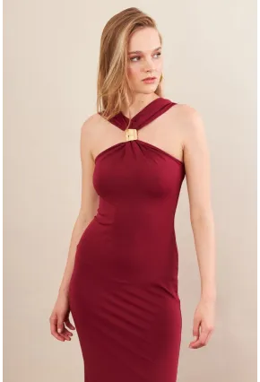 Kadın Bordo Aksesuarlı Midi Elbise İRE101