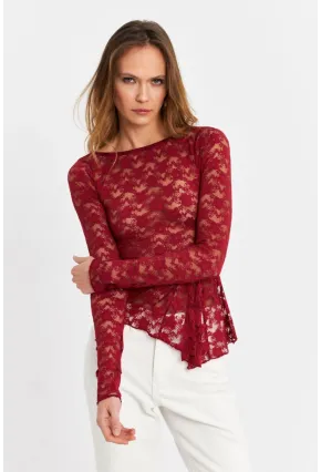 Kadın Bordo Asimetrik Dantel Bluz MTK13288