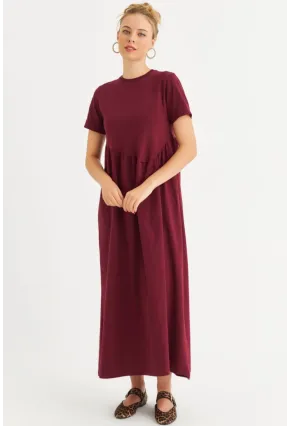 Kadın Bordo Asimetrik Dikişli Maxi Elbise MDMR440