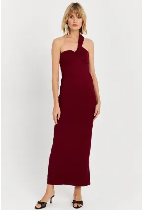 Kadın Bordo Asimetrik Yaka Maxi Elbise NH25455
