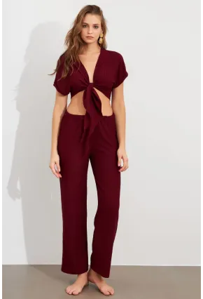 Kadın Bordo Bağlamalı Bürümcük Takım Q1012