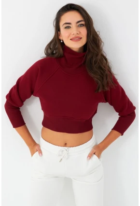 Kadın Bordo Balıkçı Crop Sweatshirt DY1469