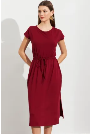 Kadın Bordo Beli Büzülebilir Midi Elbise MURO1193