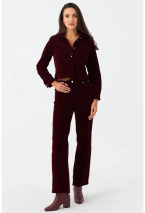 Kadın Bordo Beli Lastikli Kadife Pantolon CAR1076