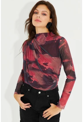 Kadın Bordo Büzgülü Astarlı Tül Bluz LPP1231
