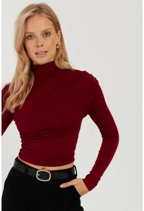 Kadın Bordo Büzgülü Kısa Bluz MEN2023-90