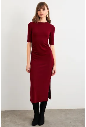 Kadın Bordo Büzgülü Yırtmaçlı Tshırt Elbise FS9594