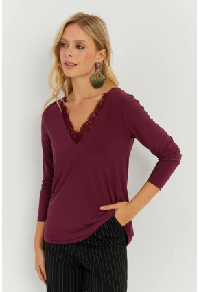Kadın Bordo Dantel Detaylı Bluz AYD264