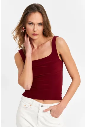 Kadın Bordo Degaje Yaka Askılı Atlet GÇ199