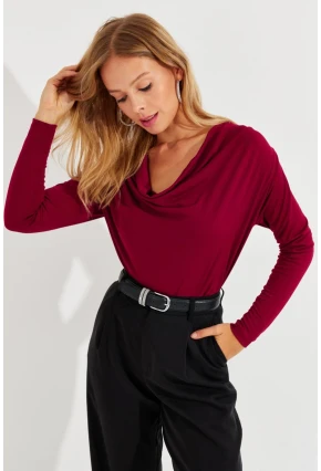 Kadın Bordo Degaje Yaka Bluz LPP1234