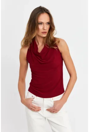 Kadın Bordo Degaje Yaka Kolsuz Bluz LPP1226-90