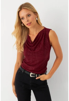 Kadın Bordo Degaje Yaka Kolsuz Bluz LPP1297
