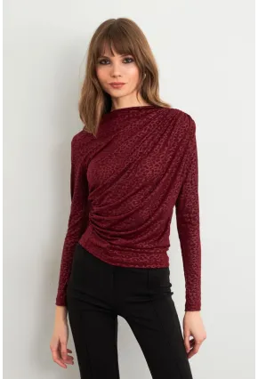 Kadın Bordo Desenli Büzgülü Bluz LPP1299