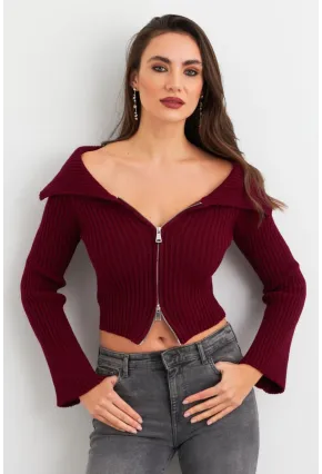 Kadın Bordo Devrik Yaka Kısa Hırka TEM103