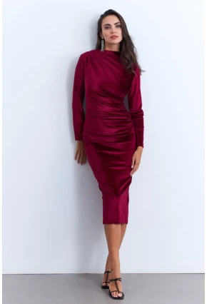 Kadın Bordo Drapeli Midi Elbise MON1113