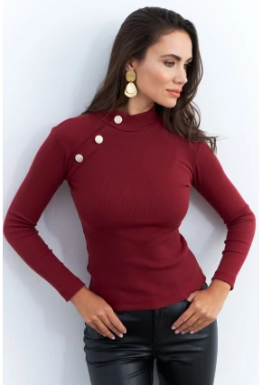 Kadın Bordo Düğme Aksesuarlı Kaşkorse Bluz EY2579