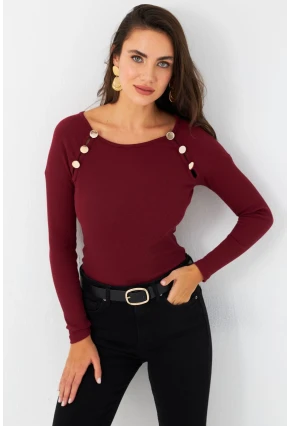 Kadın Bordo Düğme Aksesuarlı Kaşkorse Bluz EY2945