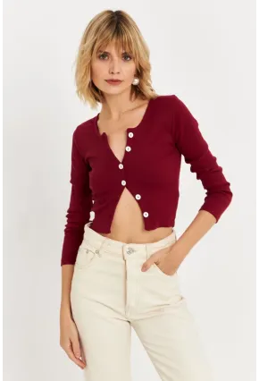 Kadın Bordo Düğme Detaylı Basic Bluz ALB3814