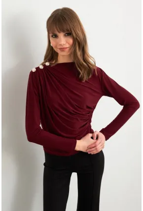 Kadın Bordo Düğme Detaylı Büzgülü Bluz LPP1223-1
