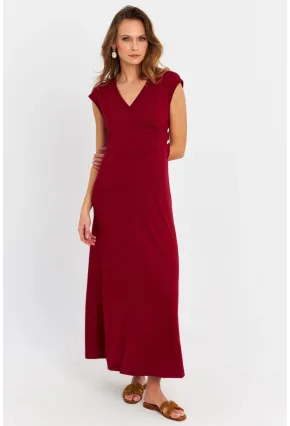 Kadın Bordo Düğme Detaylı Kruvaze Midi Elbise MEY0011