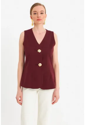 Kadın Bordo Düğme Detaylı Yelek CAR1152