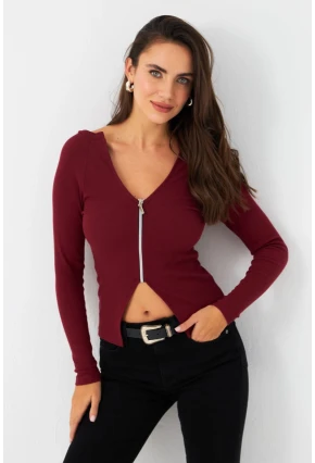 Kadın Bordo Fermuarlı Kaşkorse Bluz EY2954