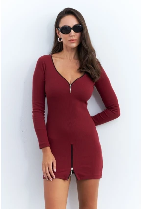 Kadın Bordo Fermuarlı Kaşkorse Mini Elbise EY2530