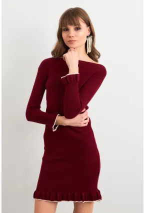 Kadın Bordo Fırfırlı Basic Triko Midi Elbise SF2559