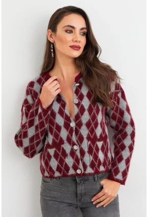 Kadın Bordo-Gri Düğme Detaylı Hırka ELT12022