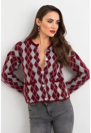Kadın Bordo-Gri Düğme Detaylı Hırka ELT12022