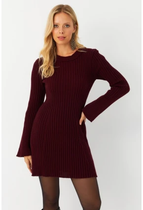 Kadın Bordo İspanyol Kol Triko Mini Elbise YV273