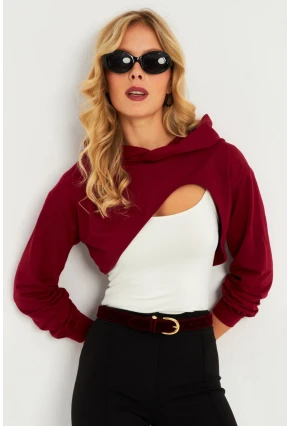 Kadın Bordo Kapüşonlu Crop Sweatshirt  TF03