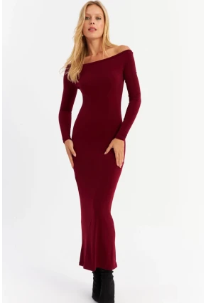 Kadın Bordo Kayık Yaka Maxi Yılbaşı Elbise HOR03